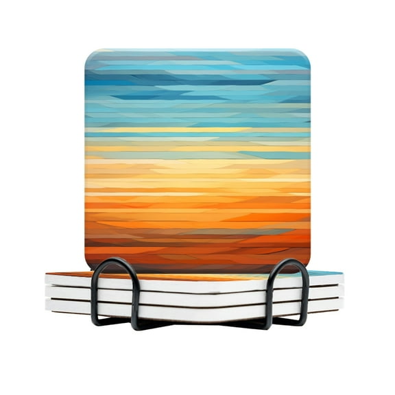 BaHomeck Drink Coasters Set Of 4 With Holder Abstract Sunset Painting Water Absorbent Ceramic Coasters Tabletop Protection,Suitable For Various Cup,Home Decor