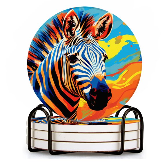 BaHomeck Drink Coasters Set of 4 with Holder Abstract pop art illustration of zebra Water Absorbent Ceramic Coasters Tabletop Protection,Suitable for Various Cup ,Home Decor
