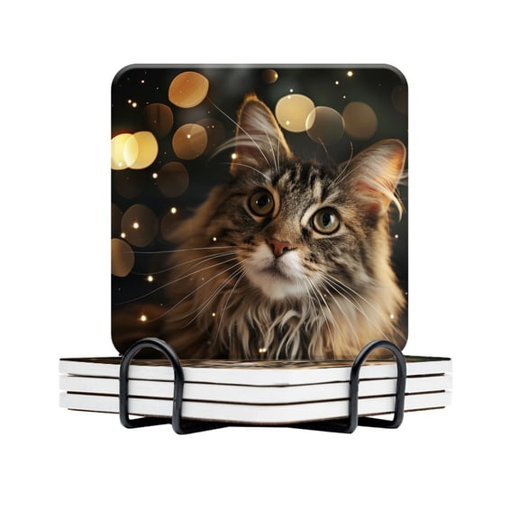 BaHomeck Drink Coasters Set Of 4 With Holder Adorable Cat With Soft Fur And Big Eyes Water Absorbent Ceramic Coasters Tabletop Protection,Suitable For Various Cup,Home Decor