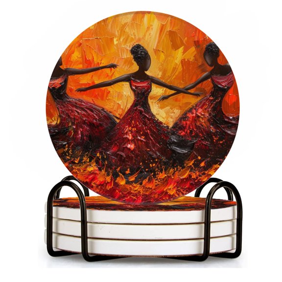 BaHomeck Drink Coasters Set of 4 with Holder African ballerinas in red and black dresses Water Absorbent Ceramic Coasters Tabletop Protection,Suitable for Various Cup ,Home Decor