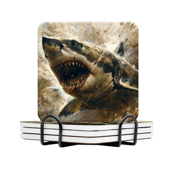BaHomeck Drink Coasters Set Of 4 With Holder Aggressive Shark Mouth Open And Sharp Teeth Showing Water Absorbent Ceramic Coasters Tabletop Protection,Suitable For Various Cup,Home Decor