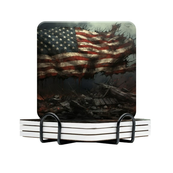 BaHomeck Drink Coasters Set Of 4 With Holder The American Flag Atop A Pile Of Rubble And Torn And Destroyed Water Absorbent Ceramic Coasters Tabletop Protection,Suitable For Various Cup,Home Decor