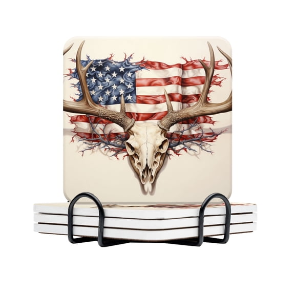 BaHomeck Drink Coasters Set Of 4 With Holder American Flag Made From The Antlers And Skull Of White-Tailed Buck Water Absorbent Ceramic Coaster Tabletop Protection,Suitable For Various Cup,Home Decor