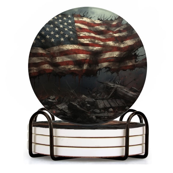 BaHomeck Drink Coasters Set of 4 with Holder The American flag atop a pile of rubble and torn and destroyed Water Absorbent Ceramic Coasters Tabletop Protection,Suitable for Various Cup ,Home Decor