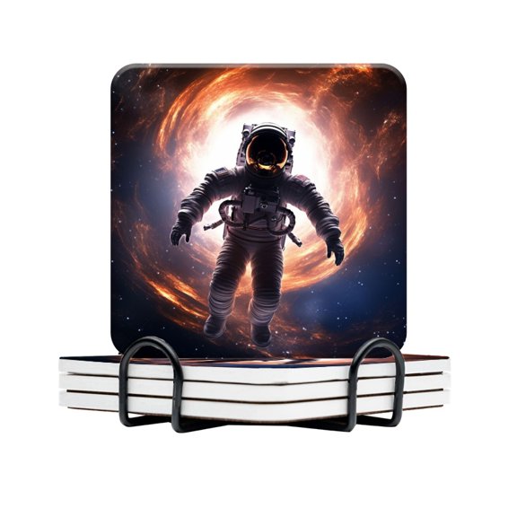 BaHomeck Drink Coasters Set Of 4 With Holder Astronaut Floating In Space Surrounded By Swirling Galaxies Water Absorbent Ceramic Coasters Tabletop Protection,Suitable For Various Cup,Home Decor