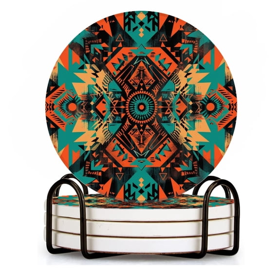 BaHomeck Drink Coasters Set of 4 with Holder Aztec pattern in the style of psychedelic digital art Water Absorbent Ceramic Coasters Tabletop Protection,Suitable for Various Cup ,Home Decor