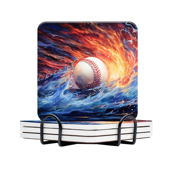 BaHomeck Drink Coasters Set Of 4 With Holder Baseball Surrounded By Swirling Water And Flames Water Absorbent Ceramic Coasters Tabletop Protection,Suitable For Various Cup,Home Decor