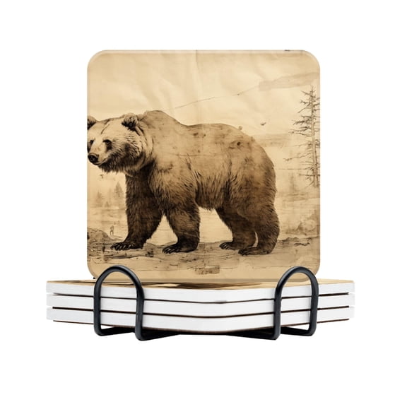 BaHomeck Drink Coasters Set Of 4 With Holder Bear In The Style Of Vintage Hand-Drawn Water Absorbent Ceramic Coasters Tabletop Protection,Suitable For Various Cup,Home Decor
