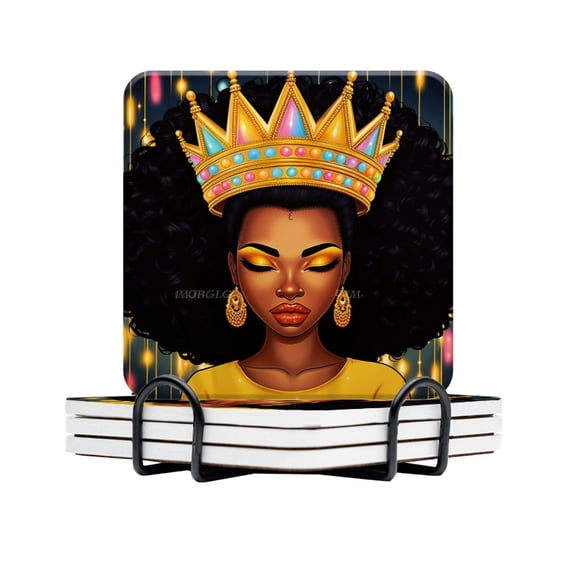 BaHomeck Drink Coasters Set Of 4 With Holder Beautiful African American Queen With Gold Crown Water Absorbent Ceramic Coasters Tabletop Protection,Suitable For Various Cup,Home Decor