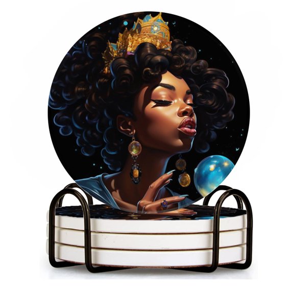 BaHomeck Drink Coasters Set of 4 with Holder Beautiful Black woman with long afro hair blowing blue bubblegum Water Absorbent Ceramic Coasters Tabletop Protection,Suitable for Various Cup ,Home Decor