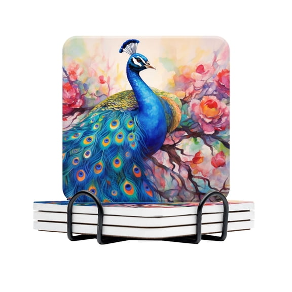 BaHomeck Drink Coasters Set Of 4 With Holder Beautiful Blue Peacock With Vibrant Feathers Water Absorbent Ceramic Coasters Tabletop Protection,Suitable For Various Cup,Home Decor