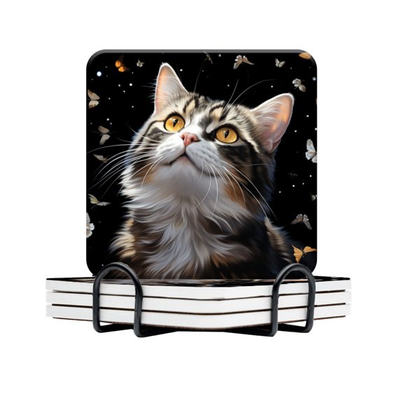 BaHomeck Drink Coasters Set Of 4 With Holder Beautiful Cat With Long White And Black Fur Water Absorbent Ceramic Coasters Tabletop Protection,Suitable For Various Cup,Home Decor