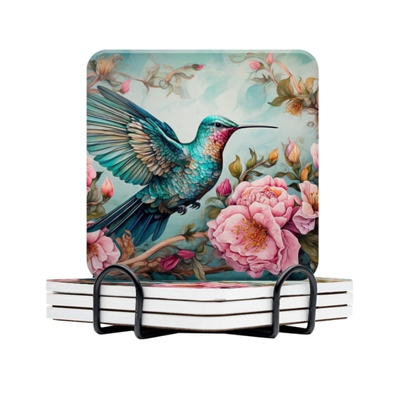 BaHomeck Drink Coasters Set Of 4 With Holder Beautiful Hummingbird Surrounded By Blooming Flowers Water Absorbent Ceramic Coasters Tabletop Protection,Suitable For Various Cup,Home Decor