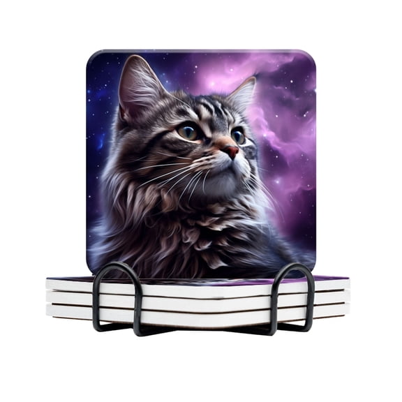 BaHomeck Drink Coasters Set Of 4 With Holder Beautiful Long-Haired Tabby Cat With Gray Fur Water Absorbent Ceramic Coasters Tabletop Protection,Suitable For Various Cup,Home Decor