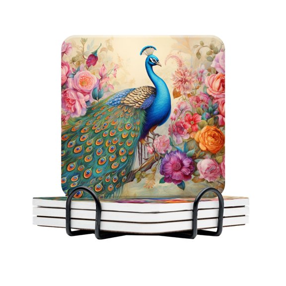 BaHomeck Drink Coasters Set Of 4 With Holder Beautiful Peacock Surrounded By Roses Water Absorbent Ceramic Coasters Tabletop Protection,Suitable For Various Cup,Home Decor