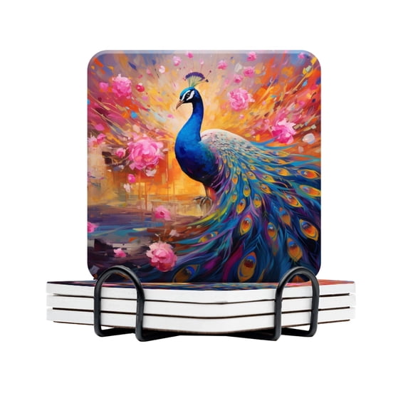 BaHomeck Drink Coasters Set Of 4 With Holder Beautiful Peacock With Vibrant Colors And Feathers Water Absorbent Ceramic Coasters Tabletop Protection,Suitable For Various Cup,Home Decor