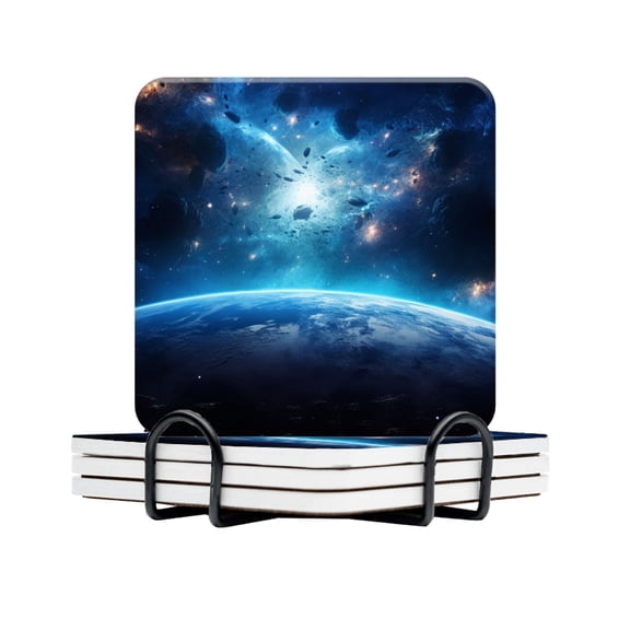 BaHomeck Drink Coasters Set Of 4 With Holder Beautiful Planet Earth In Space With Blue Nebula And Stars Water Absorbent Ceramic Coasters Tabletop Protection,Suitable For Various Cup,Home Decor