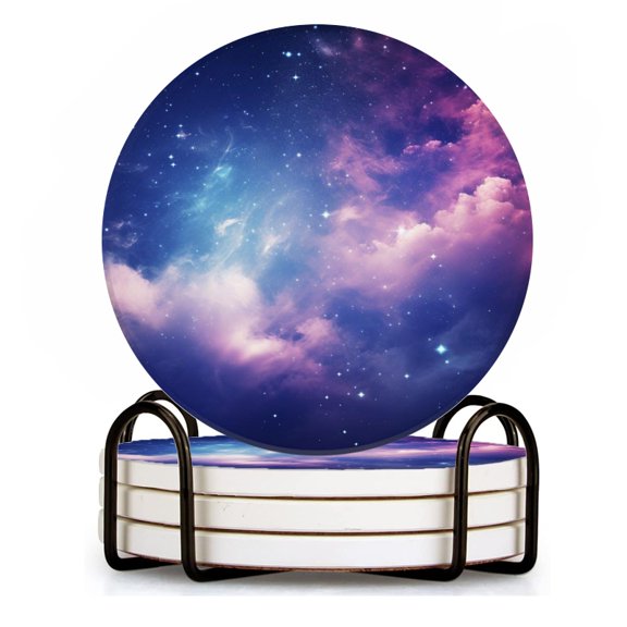 BaHomeck Drink Coasters Set of 4 with Holder Beautiful background of space with clouds and stars Water Absorbent Ceramic Coasters Tabletop Protection,Suitable for Various Cup ,Home Decor