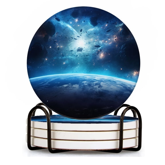 BaHomeck Drink Coasters Set of 4 with Holder Beautiful planet Earth in space with blue nebula and stars Water Absorbent Ceramic Coasters Tabletop Protection,Suitable for Various Cup ,Home Decor