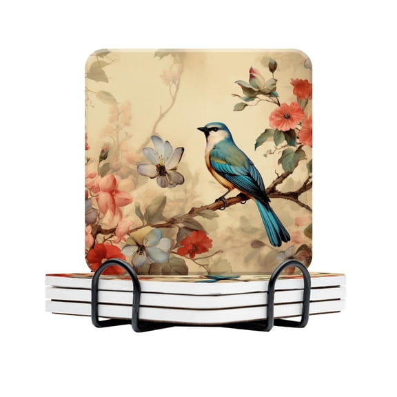 BaHomeck Drink Coasters Set Of 4 With Holder Bird Perched On Branch Surrounded By Flowers Water Absorbent Ceramic Coasters Tabletop Protection,Suitable For Various Cup,Home Decor