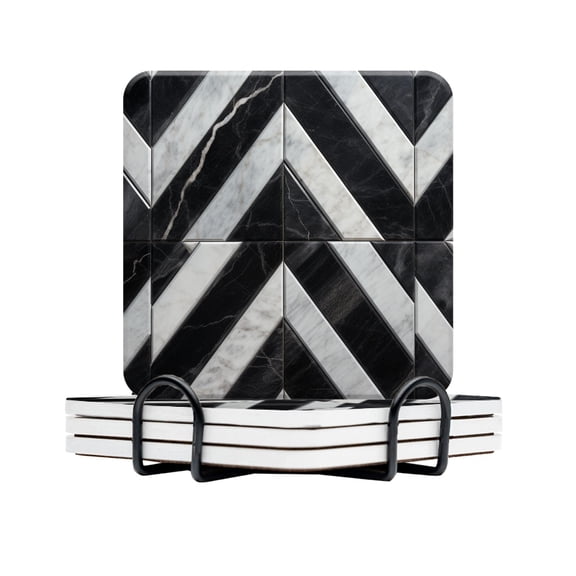 BaHomeck Drink Coasters Set Of 4 With Holder Black And White Marble With Diagonal Pattern Water Absorbent Ceramic Coasters Tabletop Protection,Suitable For Various Cup,Home Decor
