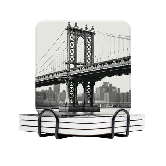 BaHomeck Drink Coasters Set Of 4 With Holder Black And White Photo Of The Manhattan Bridge Water Absorbent Ceramic Coasters Tabletop Protection,Suitable For Various Cup,Home Decor