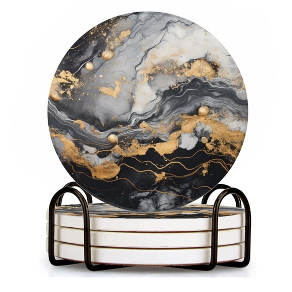 BaHomeck Drink Coasters Set of 4 with Holder Black and white marble with gold accents Water Absorbent Ceramic Coasters Tabletop Protection,Suitable for Various Cup ,Home Decor