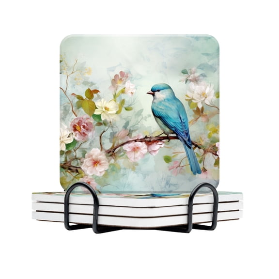 BaHomeck Drink Coasters Set Of 4 With Holder Blue Bird Perched On The Branch Of Blooming Flowers Water Absorbent Ceramic Coasters Tabletop Protection,Suitable For Various Cup,Home Decor