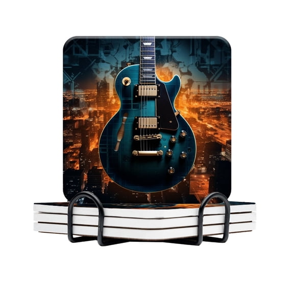 BaHomeck Drink Coasters Set Of 4 With Holder Blue Guitar Floating Over The City Of Chicago Water Absorbent Ceramic Coasters Tabletop Protection,Suitable For Various Cup,Home Decor