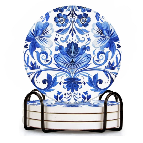 BaHomeck Drink Coasters Set of 4 with Holder Blue and white floral pattern in the style of Russian Water Absorbent Ceramic Coasters Tabletop Protection,Suitable for Various Cup ,Home Decor
