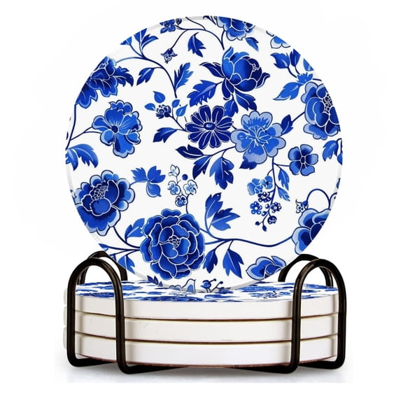 BaHomeck Drink Coasters Set of 4 with Holder Blue and white porcelain pattern in blue Water Absorbent Ceramic Coasters Tabletop Protection,Suitable for Various Cup ,Home Decor