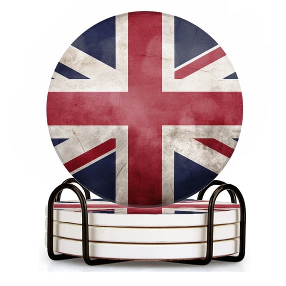 BaHomeck Drink Coasters Set of 4 with Holder British flag background with grunge texture Water Absorbent Ceramic Coasters Tabletop Protection,Suitable for Various Cup ,Home Decor