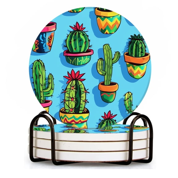 BaHomeck Drink Coasters Set of 4 with Holder Cacti in pots with Mexican patterns and shapes Water Absorbent Ceramic Coasters Tabletop Protection,Suitable for Various Cup ,Home Decor