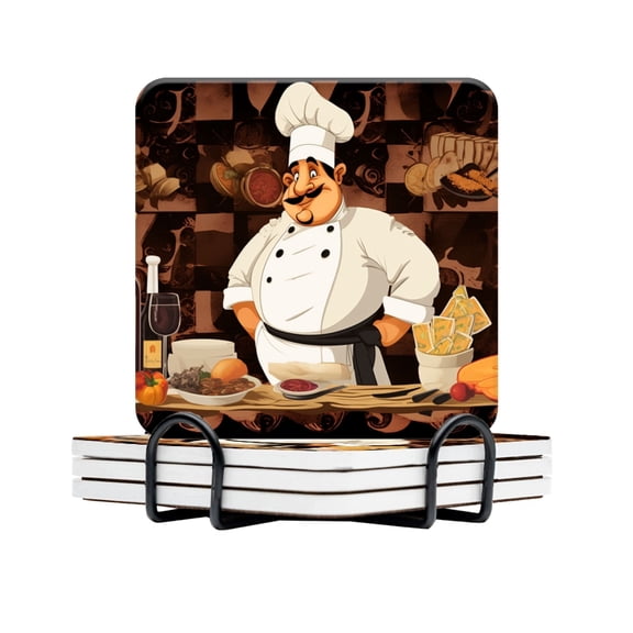 BaHomeck Drink Coasters Set Of 4 With Holder Cartoon Chef Character Is Surrounded By Various Types Of Food Water Absorbent Ceramic Coasters Tabletop Protection,Suitable For Various Cup,Home Decor