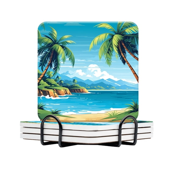 BaHomeck Drink Coasters Set Of 4 With Holder Cartoon Vector-Style Landscape View Of The Palm Trees Water Absorbent Ceramic Coasters Tabletop Protection,Suitable For Various Cup,Home Decor