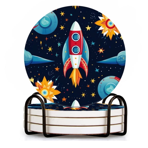 BaHomeck Drink Coasters Set of 4 with Holder Cartoon-style space pattern with rocket Water Absorbent Ceramic Coasters Tabletop Protection,Suitable for Various Cup ,Home Decor