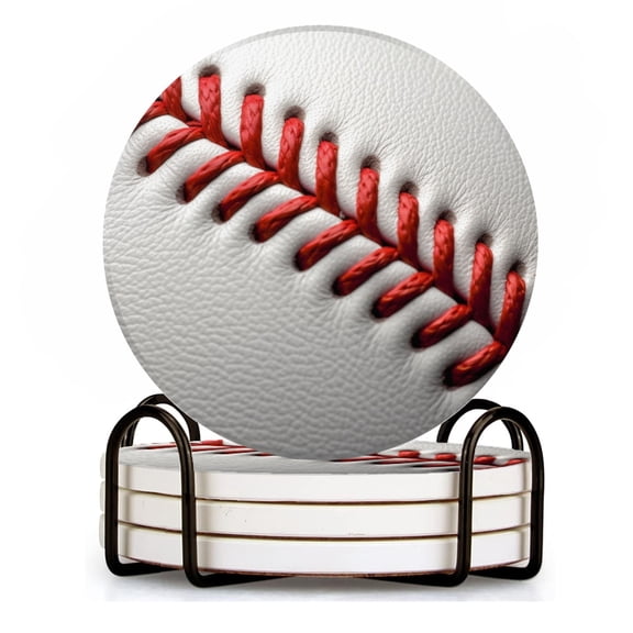BaHomeck Drink Coasters Set of 4 with Holder Close-up of stitches in baseball Exquisite Water Absorbent Ceramic Coasters Tabletop Protection,Suitable for Various Cup ,Home Decor