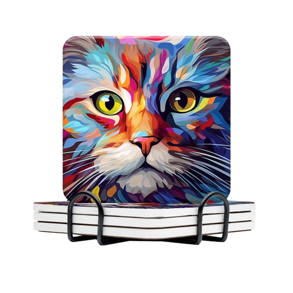BaHomeck Drink Coasters Set Of 4 With Holder Colorful Cat Face With Large Eyes And Long Fur Water Absorbent Ceramic Coasters Tabletop Protection,Suitable For Various Cup,Home Decor