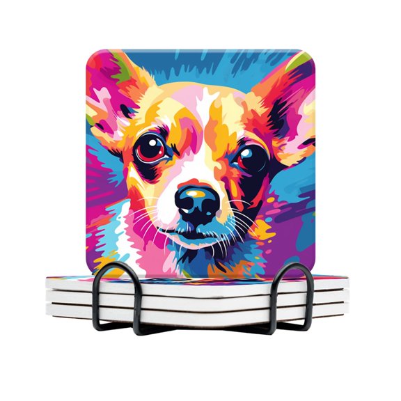 BaHomeck Drink Coasters Set Of 4 With Holder Colorful Chihuahua With Colorful Background Water Absorbent Ceramic Coasters Tabletop Protection,Suitable For Various Cup,Home Decor