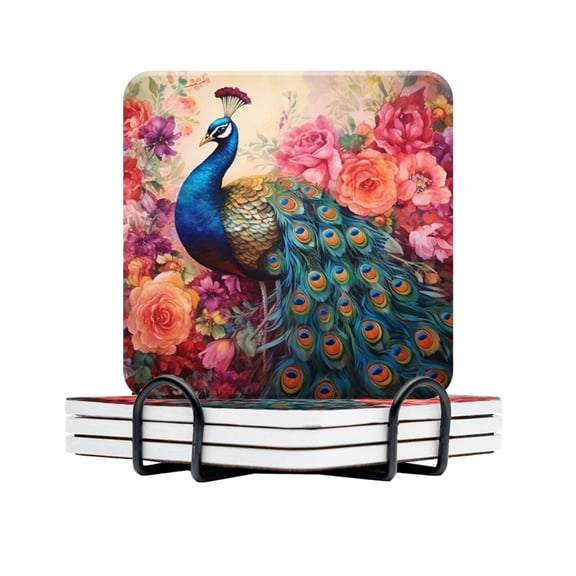 BaHomeck Drink Coasters Set Of 4 With Holder Colorful Peacock With Flowers Colorful Background Water Absorbent Ceramic Coasters Tabletop Protection,Suitable For Various Cup,Home Decor