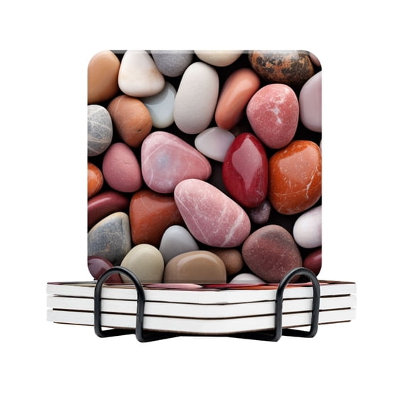 BaHomeck Drink Coasters Set Of 4 With Holder Colorful Smooth Pebbles In Various Shapes And Sizes Water Absorbent Ceramic Coasters Tabletop Protection,Suitable For Various Cup,Home Decor