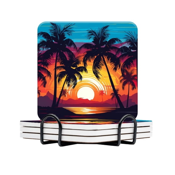 BaHomeck Drink Coasters Set Of 4 With Holder Colorful Sunset With Silhouettes Of Palm Trees On The Beach Water Absorbent Ceramic Coasters Tabletop Protection,Suitable For Various Cup,Home Decor