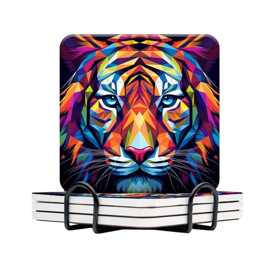 BaHomeck Drink Coasters Set Of 4 With Holder Colorful Tiger Head Composed Of Geometric Shapes Water Absorbent Ceramic Coasters Tabletop Protection,Suitable For Various Cup,Home Decor