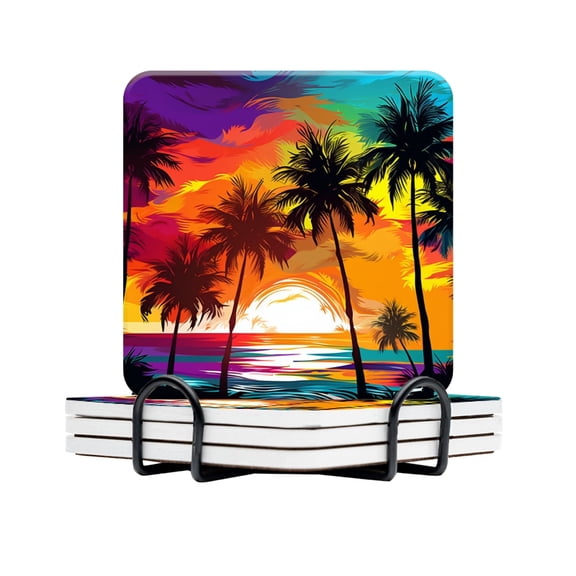 BaHomeck Drink Coasters Set Of 4 With Holder Colorful Vector Illustration Of Palm Tree Silhouettes On The Beach Water Absorbent Ceramic Coaster Tabletop Protection,Suitable For Various Cup,Home Decor
