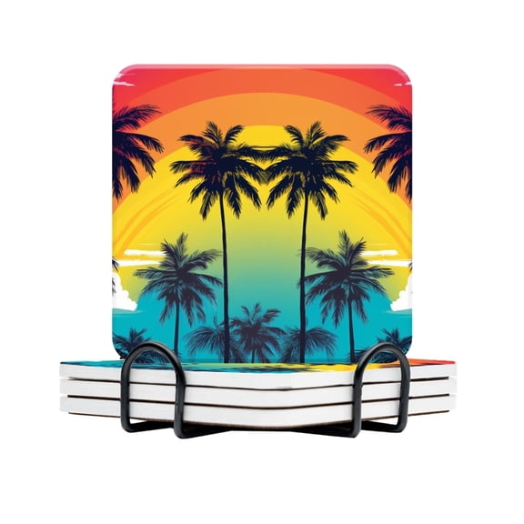 BaHomeck Drink Coasters Set Of 4 With Holder Colorful Vector Illustration Of Palm Tree Silhouettes Water Absorbent Ceramic Coasters Tabletop Protection,Suitable For Various Cup,Home Decor