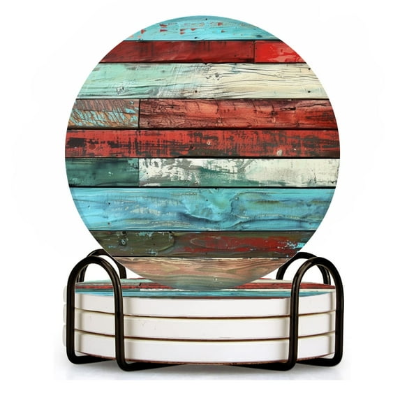 BaHomeck Drink Coasters Set of 4 with Holder Colorful wooden planks with distressed and weathered look Water Absorbent Ceramic Coasters Tabletop Protection,Suitable for Various Cup ,Home Decor
