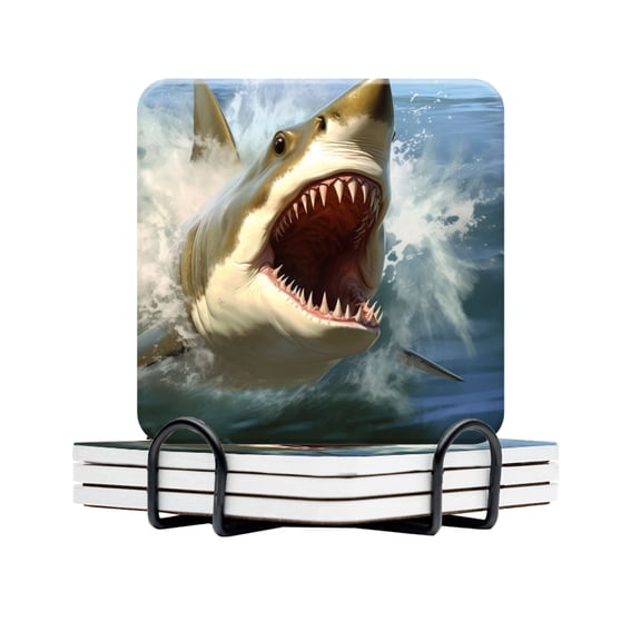 BaHomeck Drink Coasters Set Of 4 With Holder Concept Art Of Aggressive White Shark With Its Mouth Open Water Absorbent Ceramic Coasters Tabletop Protection,Suitable For Various Cup,Home Decor