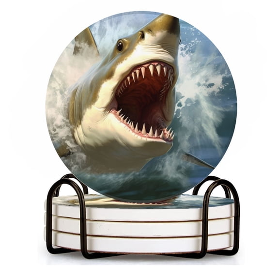 BaHomeck Drink Coasters Set of 4 with Holder Concept art of aggressive white shark with its mouth open Water Absorbent Ceramic Coasters Tabletop Protection,Suitable for Various Cup ,Home Decor