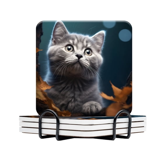 BaHomeck Drink Coasters Set Of 4 With Holder Cute British Shorthair Kitten With Gray Fur And Curious Expression Water Absorbent Ceramic Coaster Tabletop Protection,Suitable For Various Cup,Home Decor