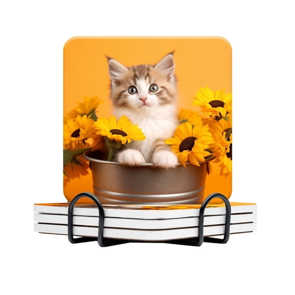 BaHomeck Drink Coasters Set Of 4 With Holder Cute Fluffy Kitten Sitting In Aluminum Bucket Filled Water Absorbent Ceramic Coasters Tabletop Protection,Suitable For Various Cup,Home Decor